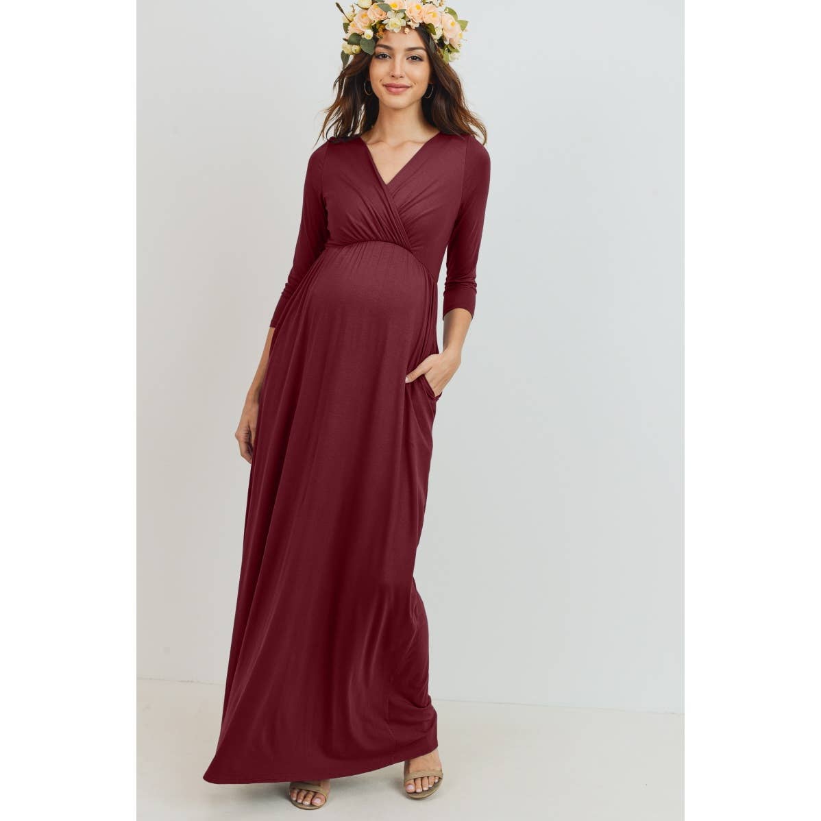 Surplice Quarter Sleeve Nursing Maxi Dress Delilah's Maternity Surplice Quarter Sleeve Nursing Maxi Dress Delilah's Maternity