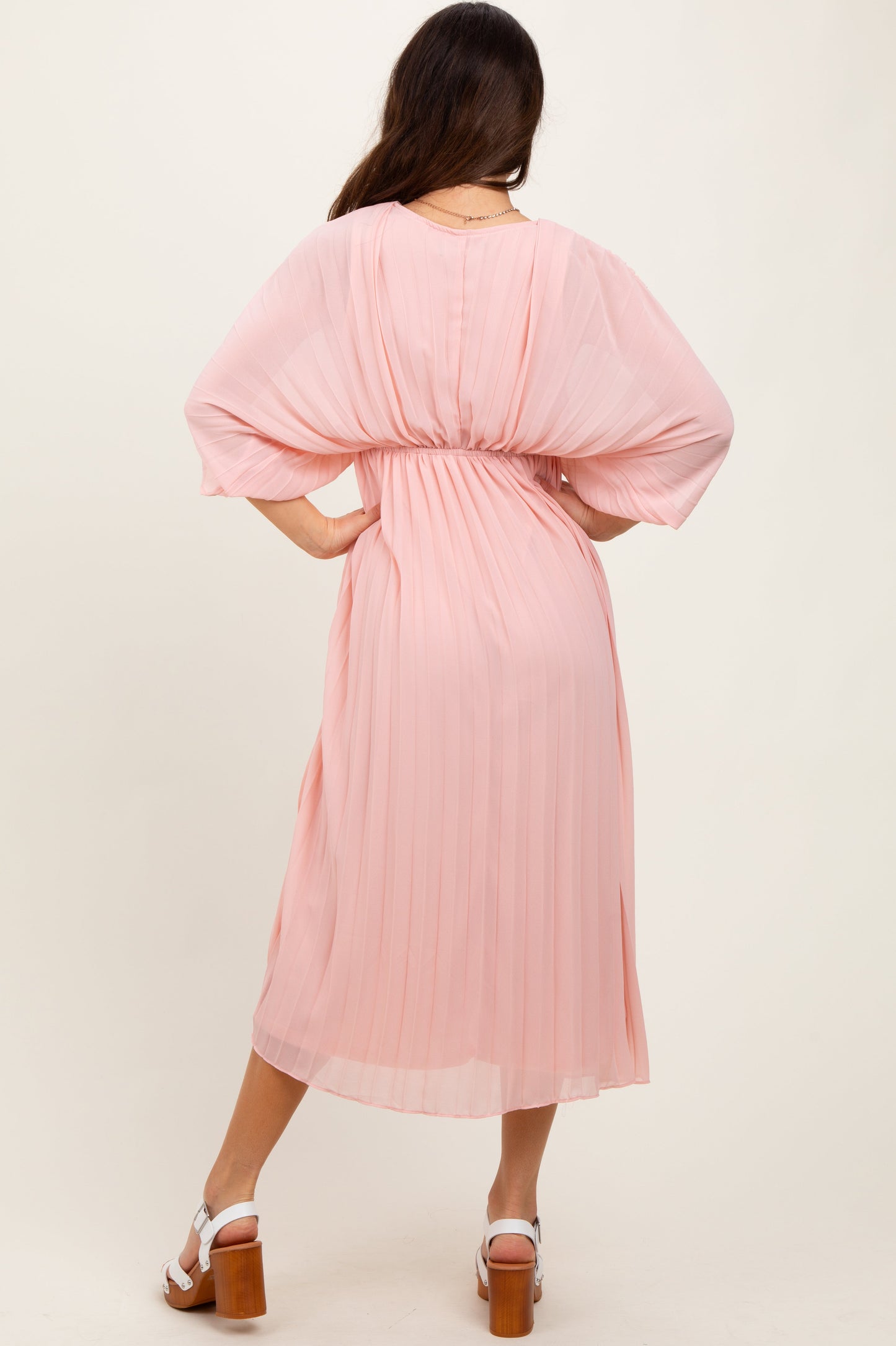 PinkBlush Light Pink Pleated V Neck Maxi Dress