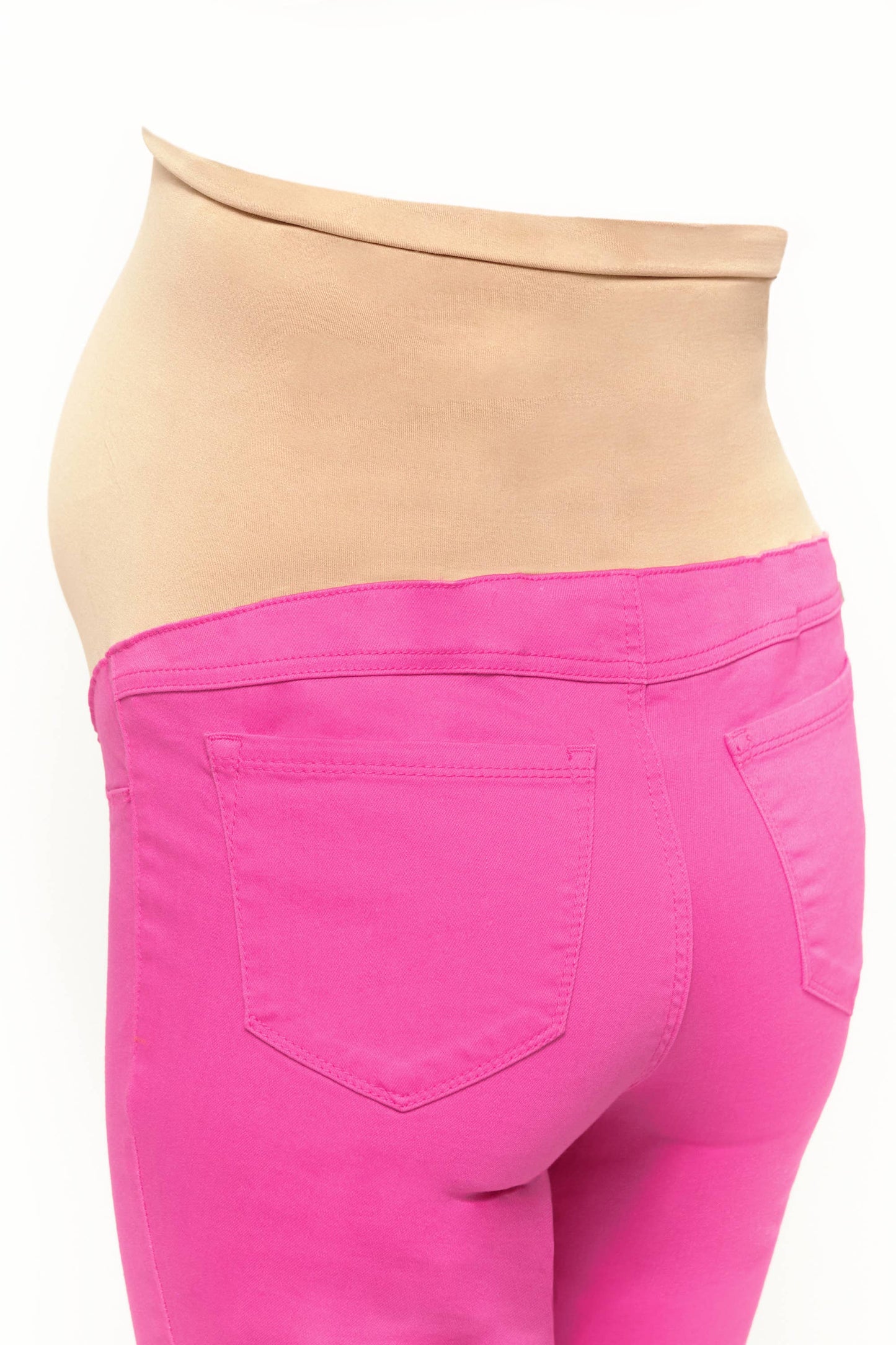 Pink maternity jeans with over-the-bump support panel viewed from the back.
