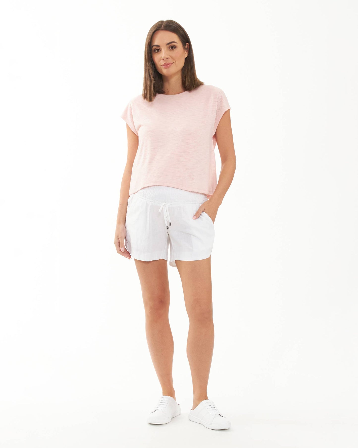 Indi Shirred Linen Short White - Delilah's Maternity