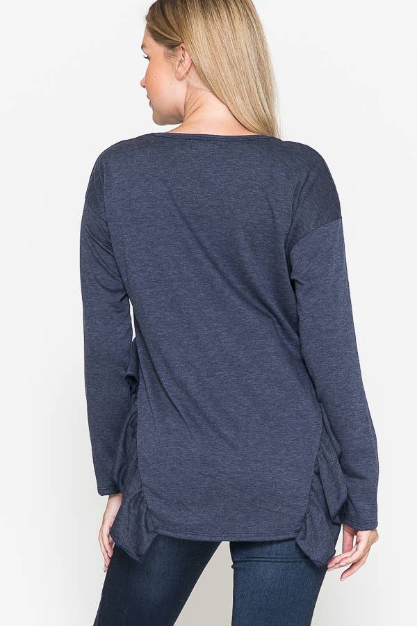 Maternity V-Neck Frill Ruffle French Terry Solid Basic Top