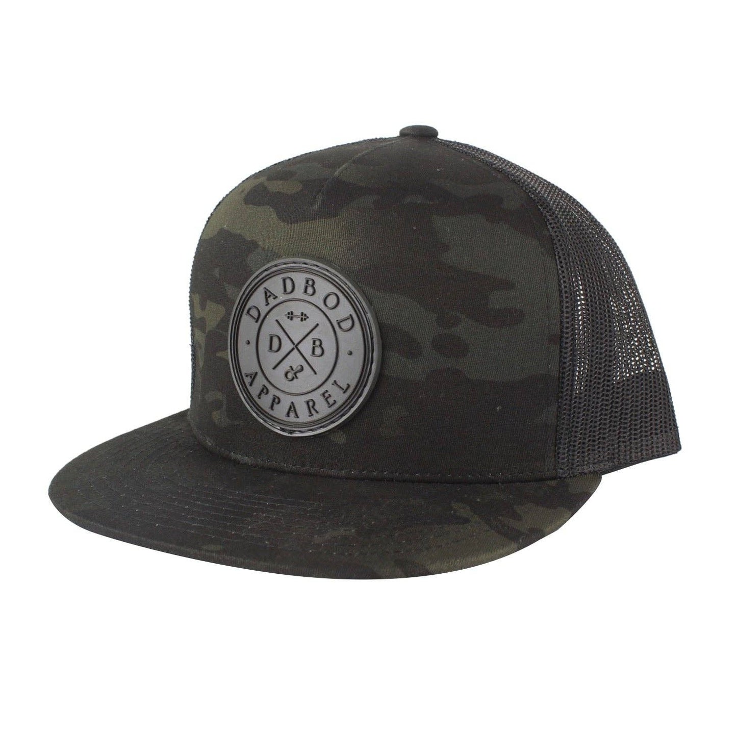 Camouflage trucker hat with a logo on a white background