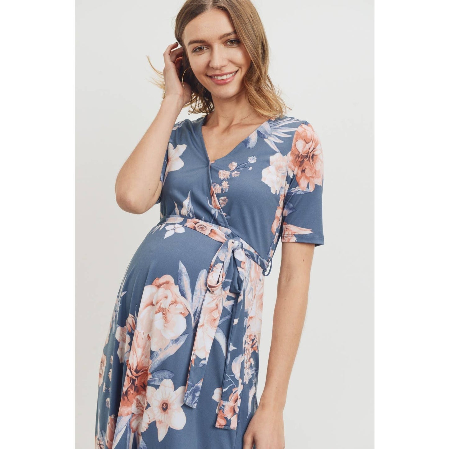 Blue Floral High-Low Surplice Nursing Dress