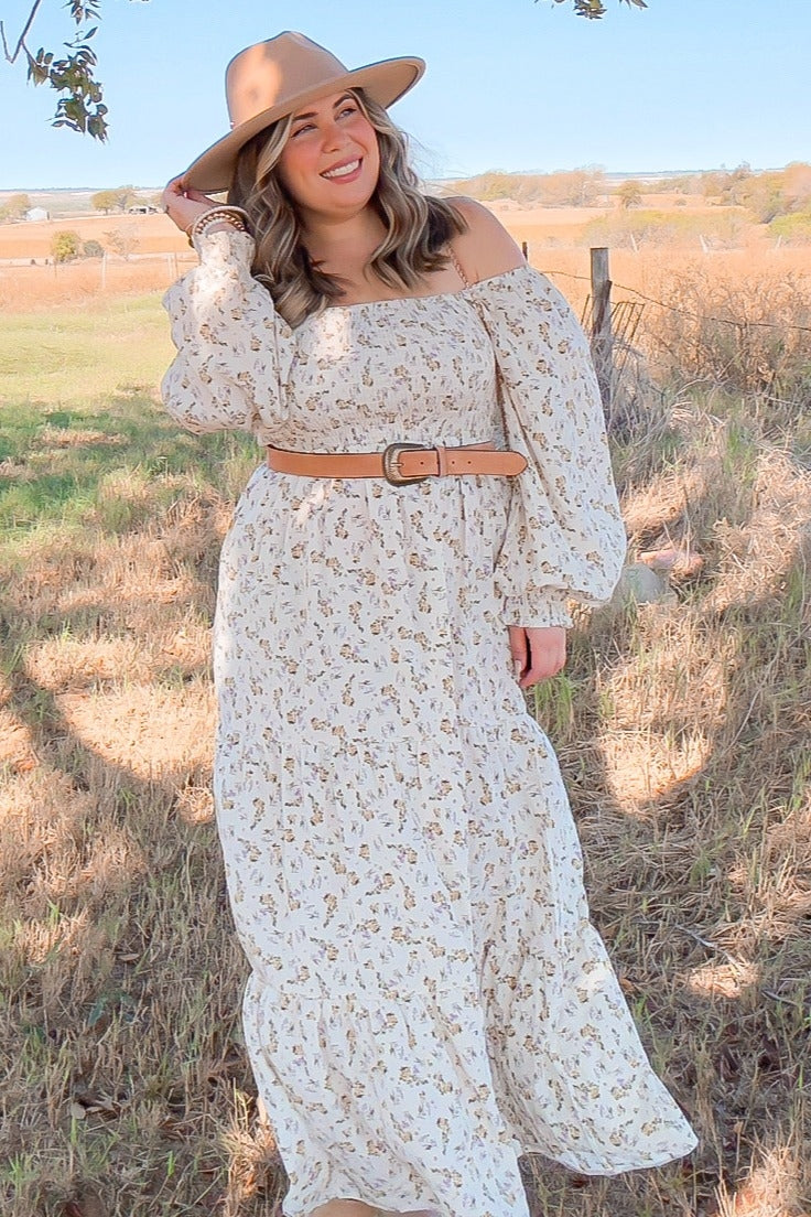 PinkBlush Cream Floral Smocked Long Sleeve Maxi Dress