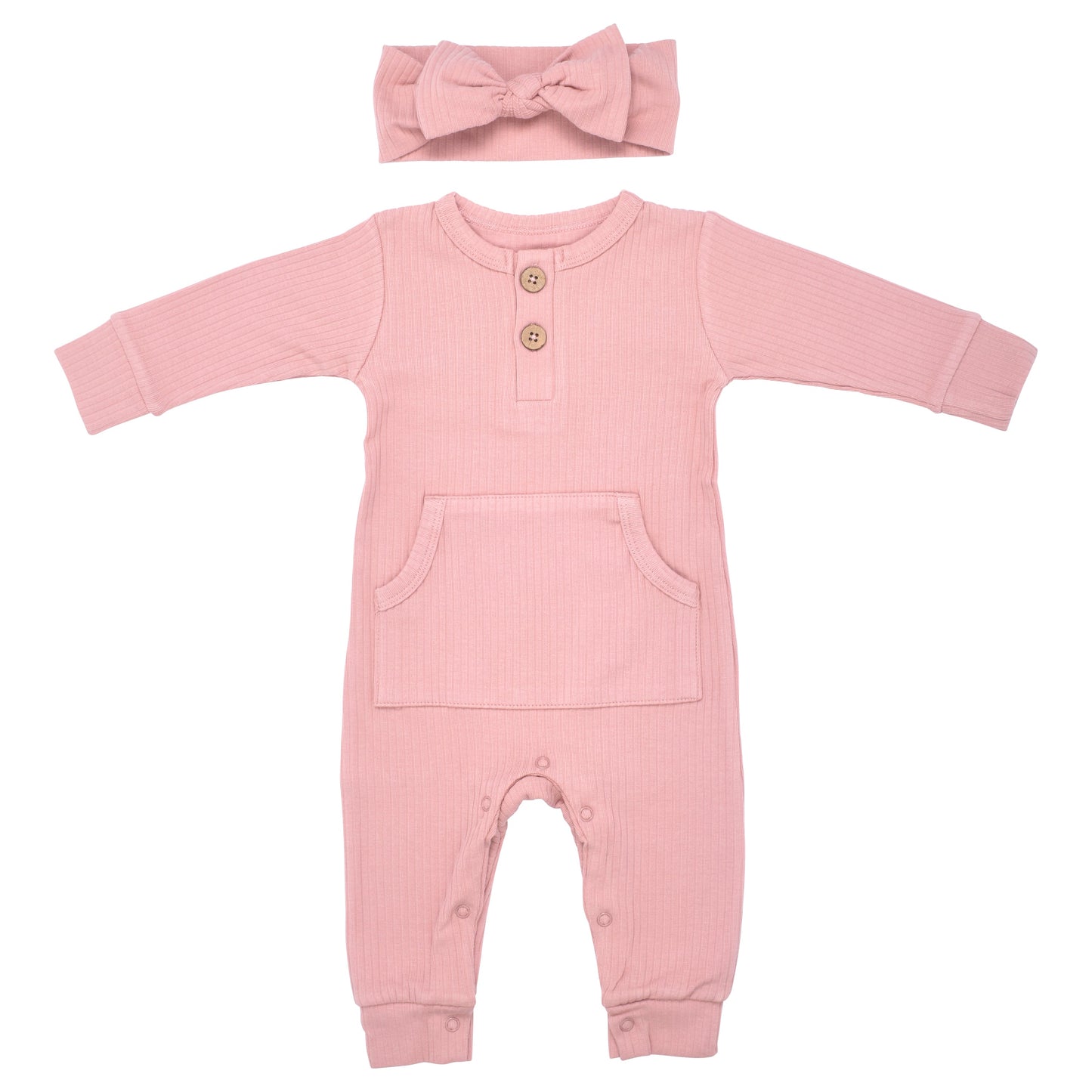 Three Little Tots Dusty Rose Pink Baby Ribbed Playsuit with Pockets