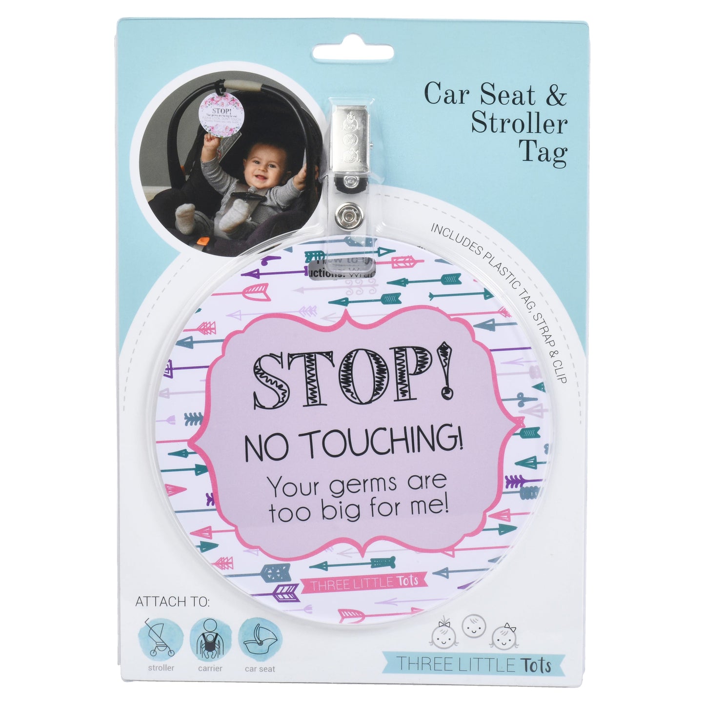 Three Little Tots Girl Arrows Stop No Touching Newborn Baby Car Seat Sign Tag
