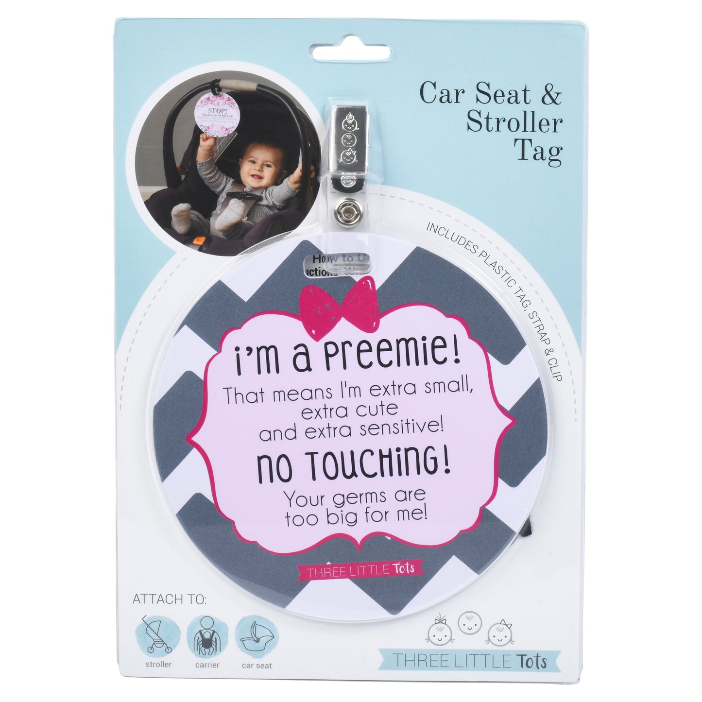 Three Little Tots Pink Preemie No Touching Newborn Car Seat Sign Tag