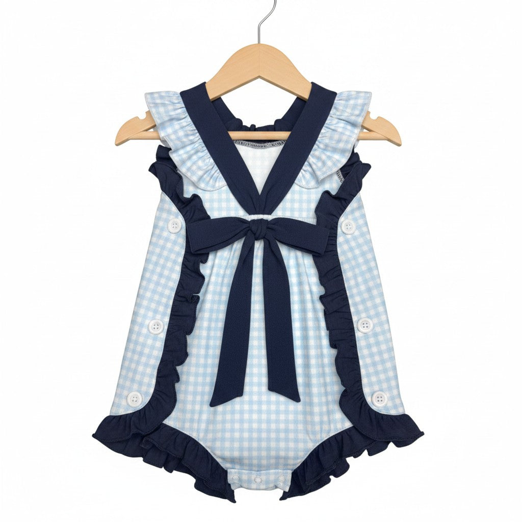 The Little Lemons Company Classic Navy Gingham Bow and Button Romper