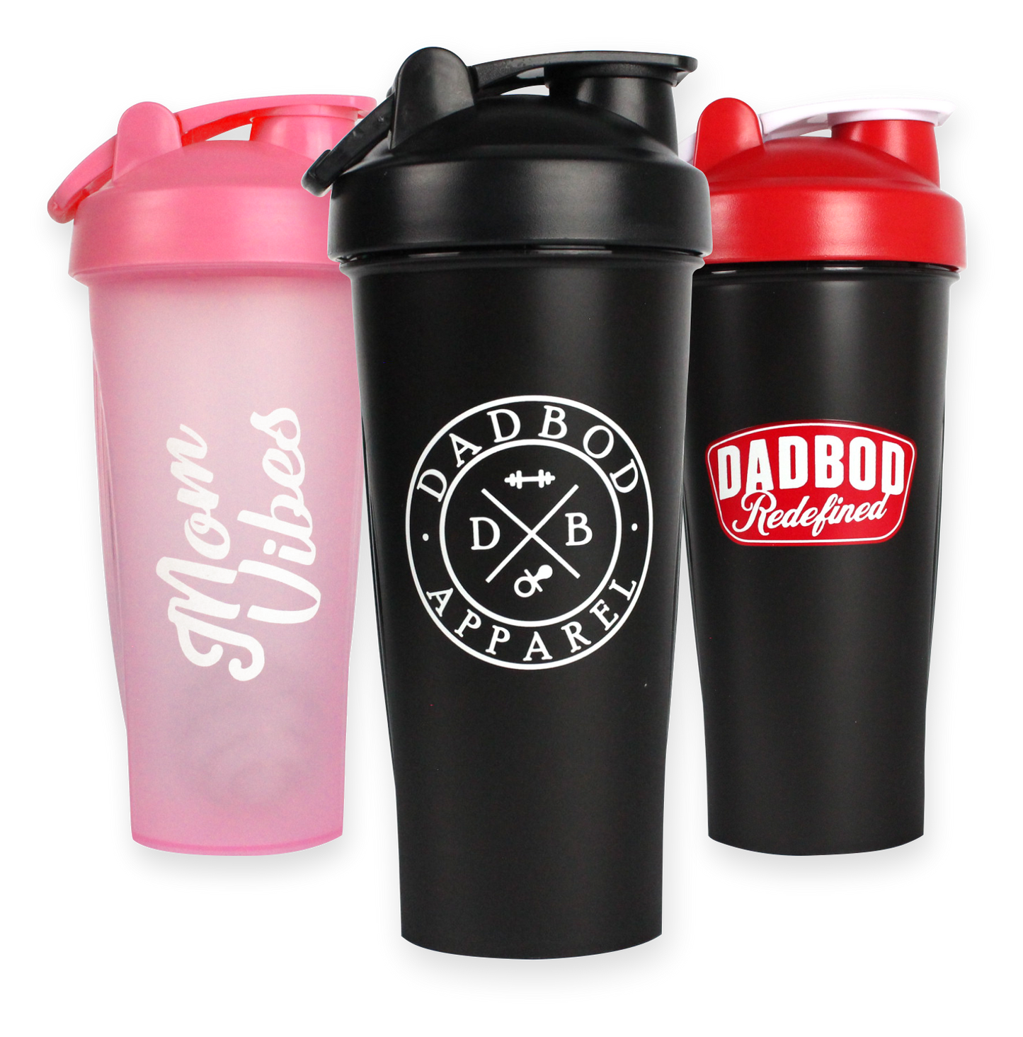 Three shaker bottles with different designs and colors on a white background