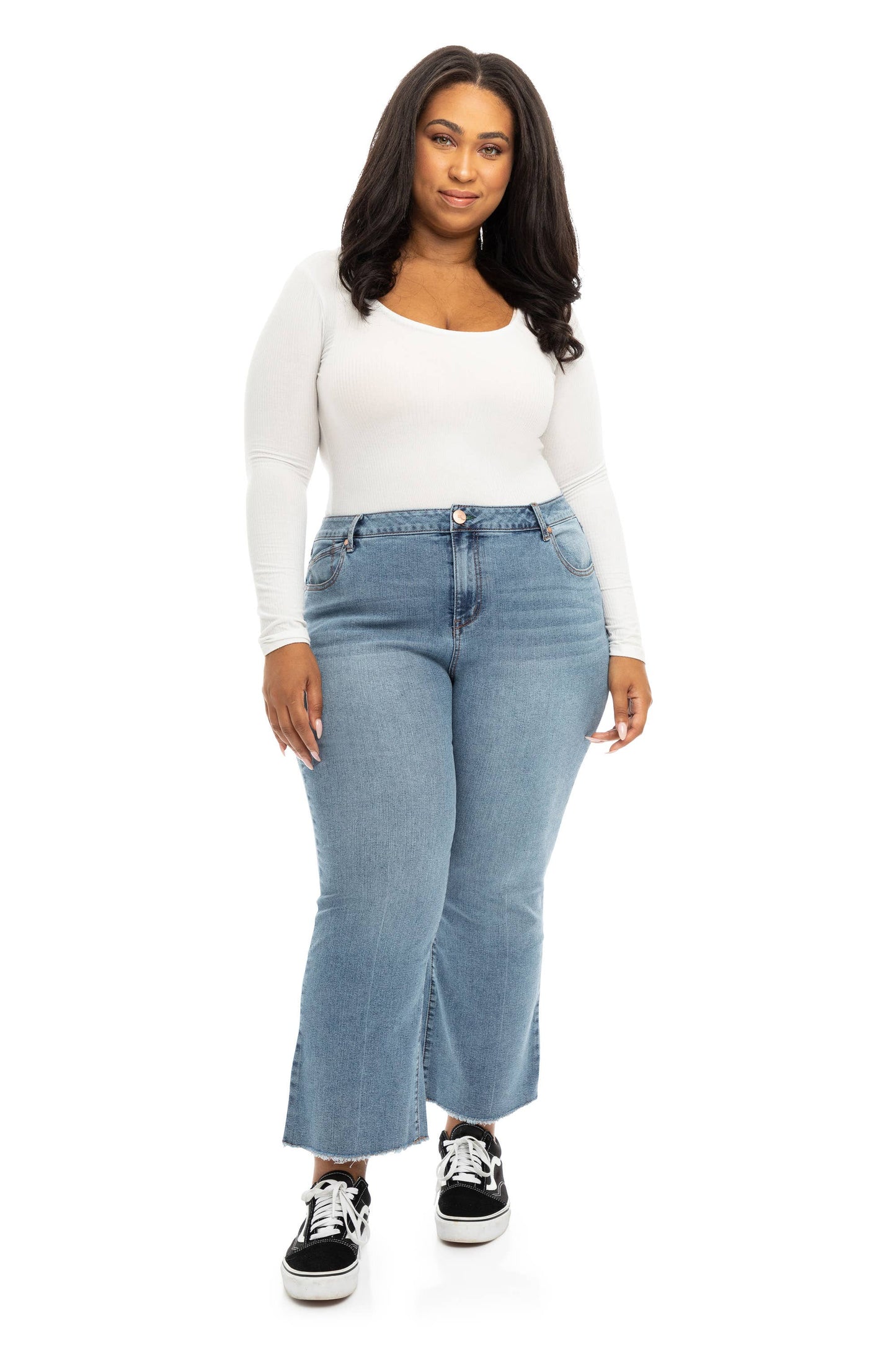 Plus Size 26" High Rise Demi Boot Jean w/ Frayed Hem