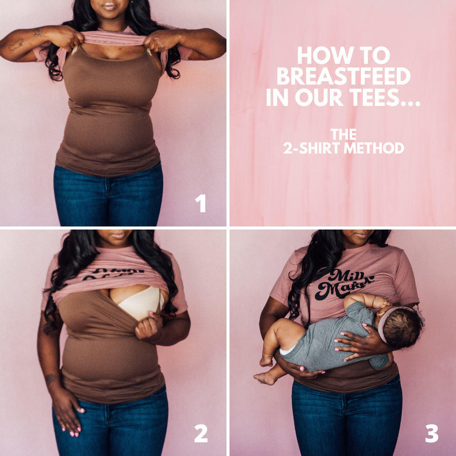Instructions on how to nurse in The Little Milk Bar tees using the 2-shirt method. This method involves lifting the top shirt over the breasts and pulling the bottom shirt below the breasts for nursing access.
