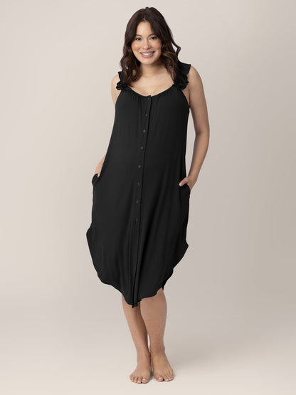 Kindred Bravely Ruffle Strap Labor & Delivery Gown Black