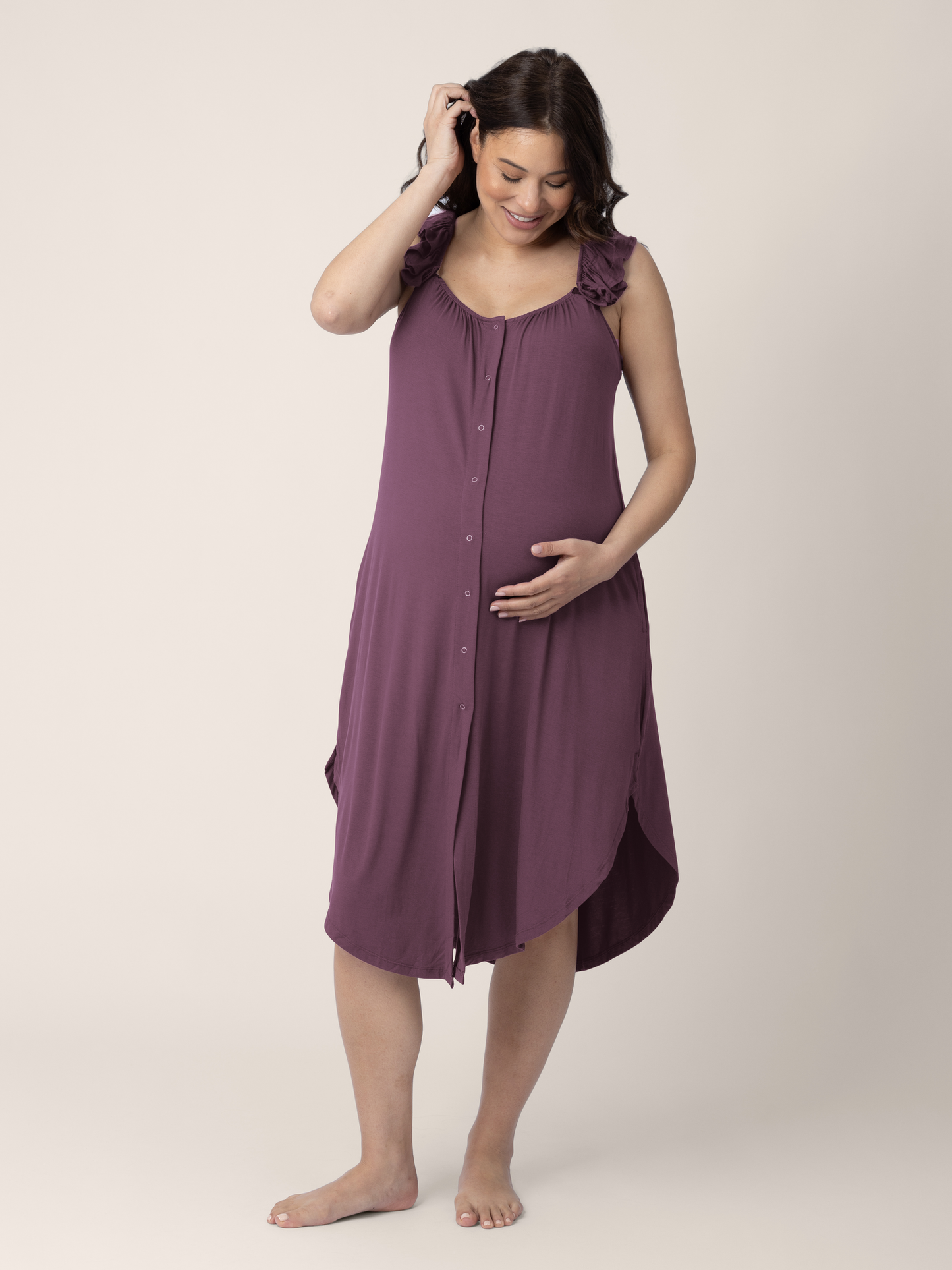 Kindred Bravely Ruffle Strap Labor & Delivery Gown Burgundy Plum