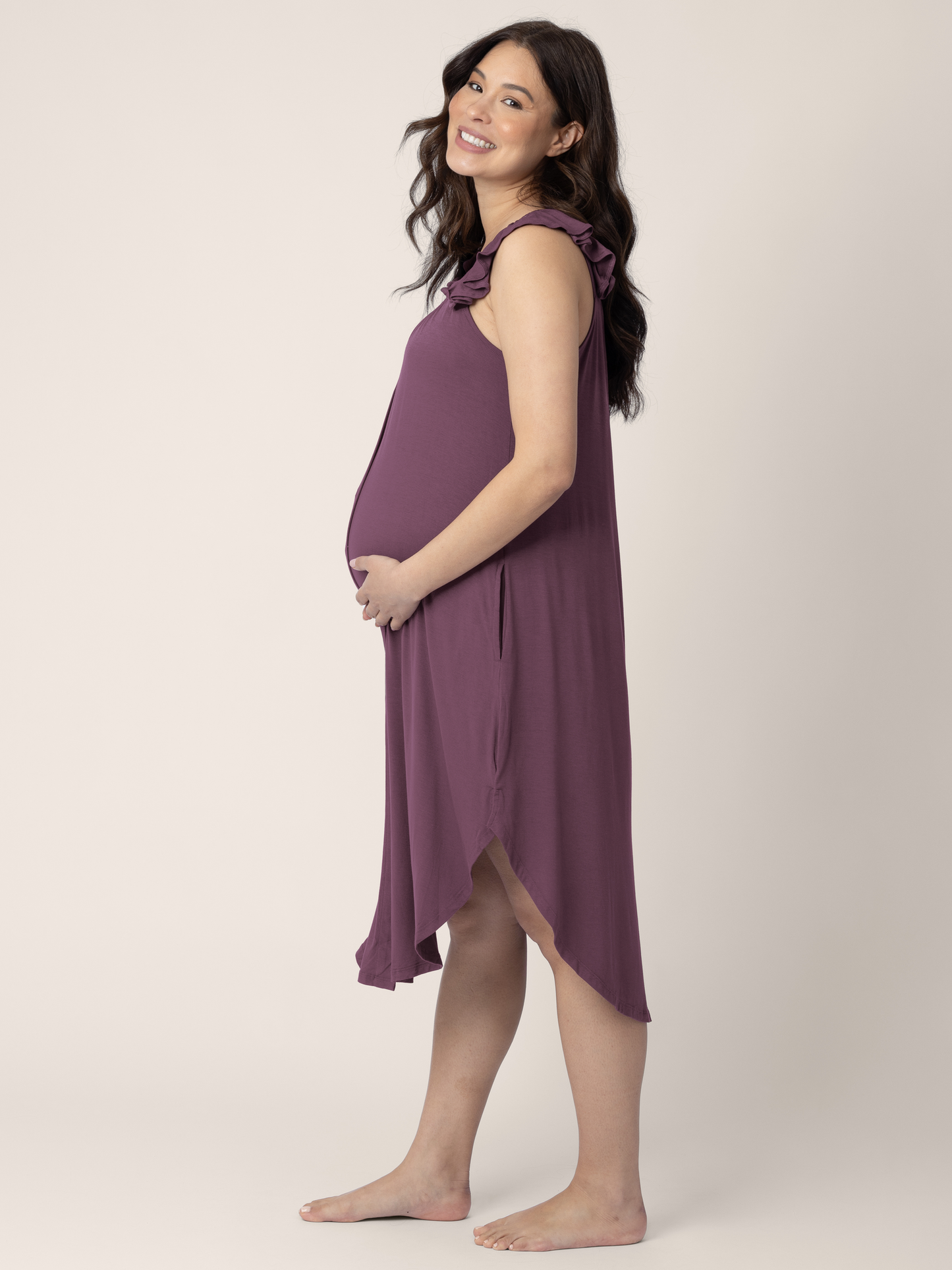 Kindred Bravely Ruffle Strap Labor & Delivery Gown Burgundy Plum