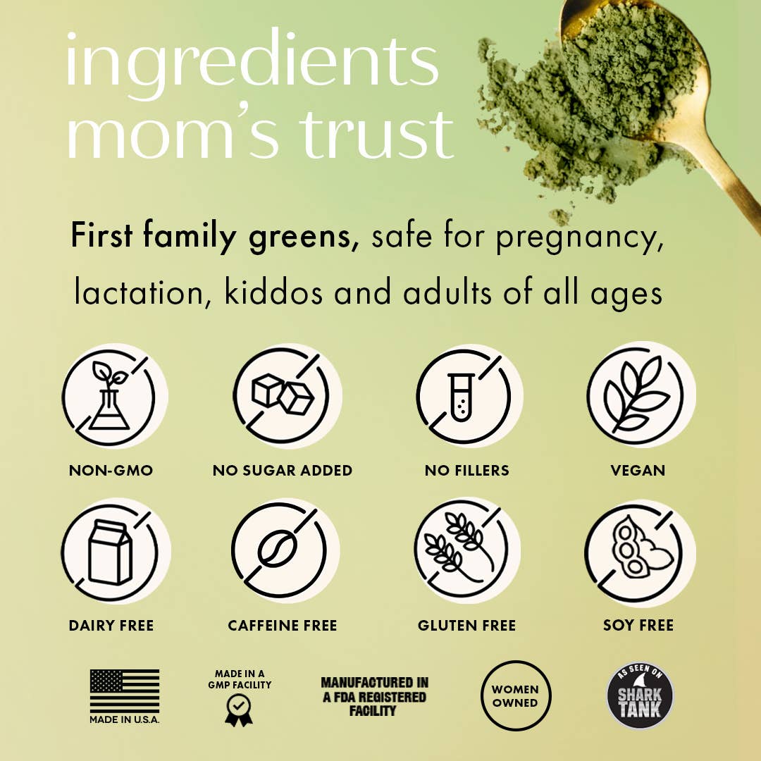 Infographic illustrating that the Mother of All Greens is safe for kids and pregnant mothers and is a women-owned brand made in the U.S.A.