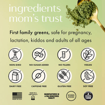Infographic illustrating that the Mother of All Greens is safe for kids and pregnant mothers and is a women-owned brand made in the U.S.A.