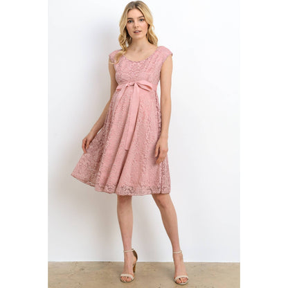 Floral Lace Satin Waist Tie Maternity Dress