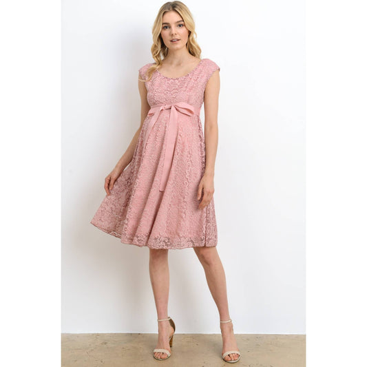 Floral Lace Satin Waist Tie Maternity Dress