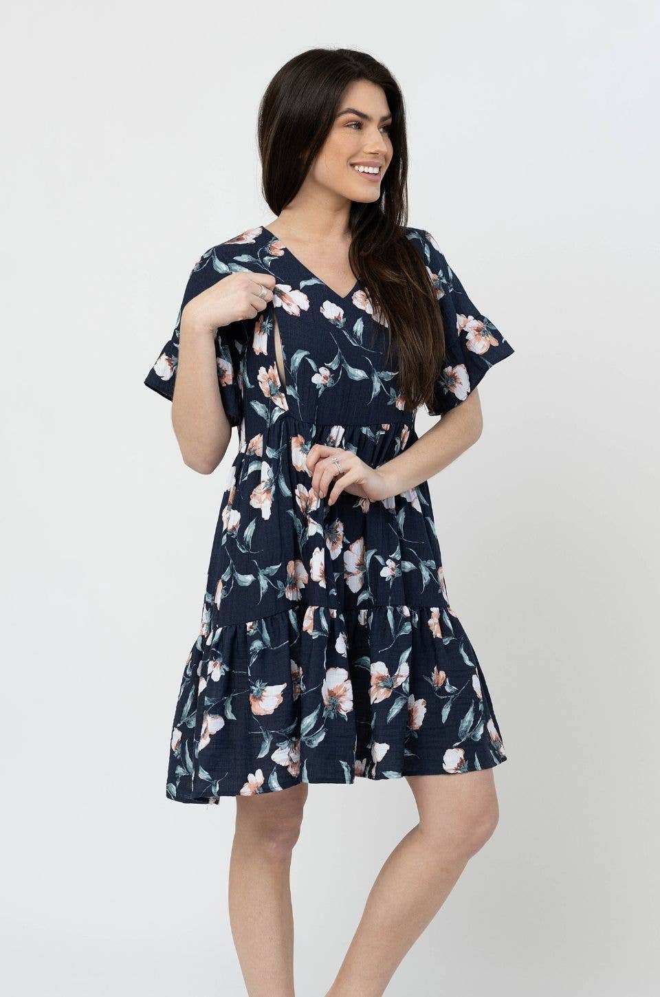 Floral Nursing Dress With Pockets Bell Sleeve