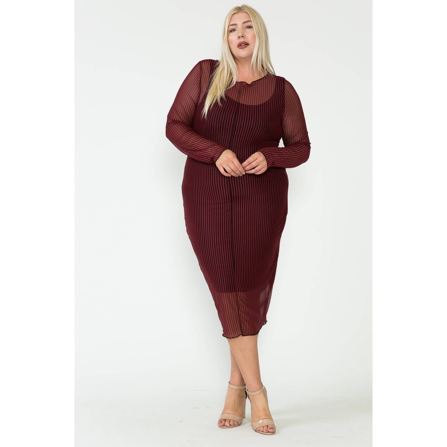 Plus Size Mesh & Solid Midi Dress