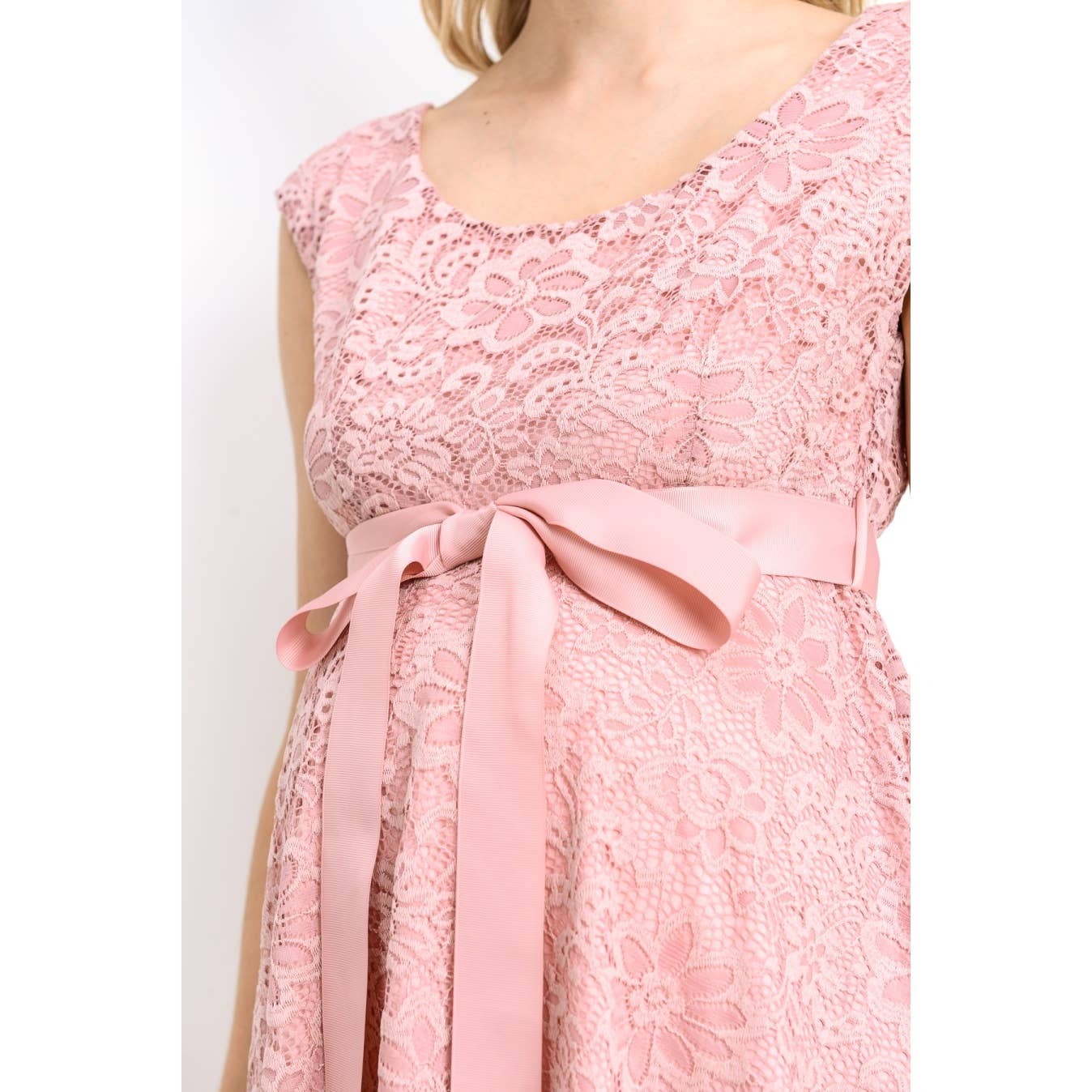 Floral Lace Satin Waist Tie Maternity Dress