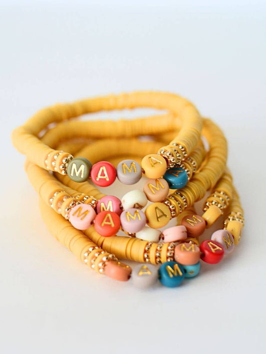 Multi-Colored MAMA Word Beaded Stretch Bracelet – Mustard