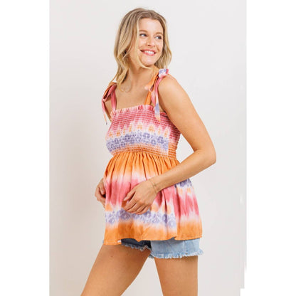 Tie-Dye Smocked Tie-Strap Maternity Blouse