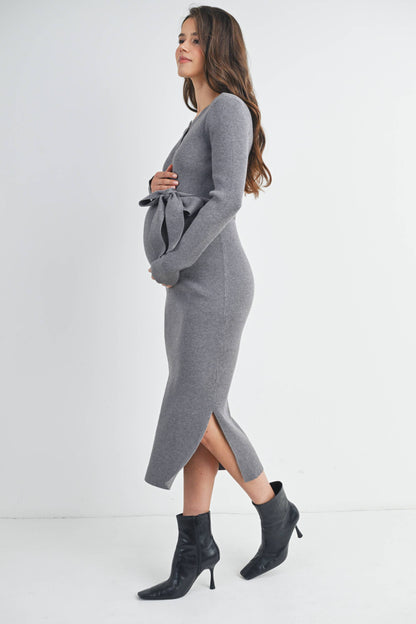 Ribbed Button Front Belted Maternity Midi Dress