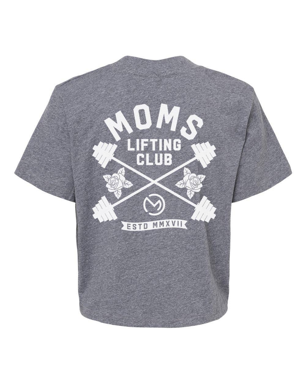 Gray t-shirt with 'Moms Lifting Club' graphic on the back