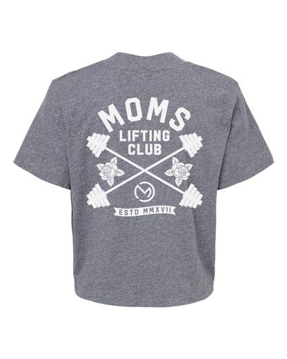 Gray t-shirt with 'Moms Lifting Club' graphic on the back