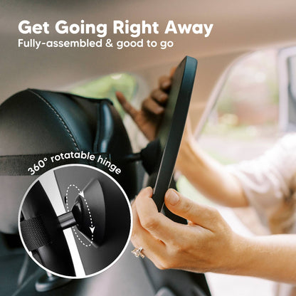 Person using a car phone holder with text 'Get Going Right Away' and '360° rotatable hinge' feature.
