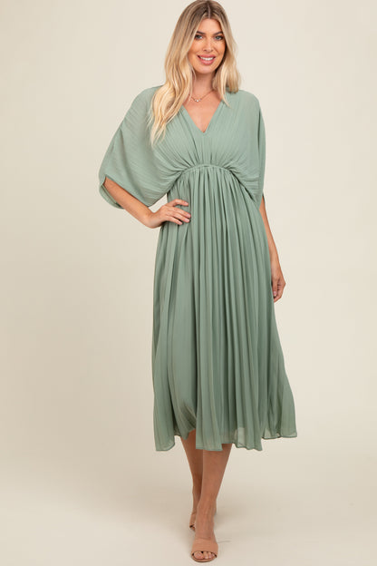 PinkBlush Light Olive Pleated V Neck Maxi Dress