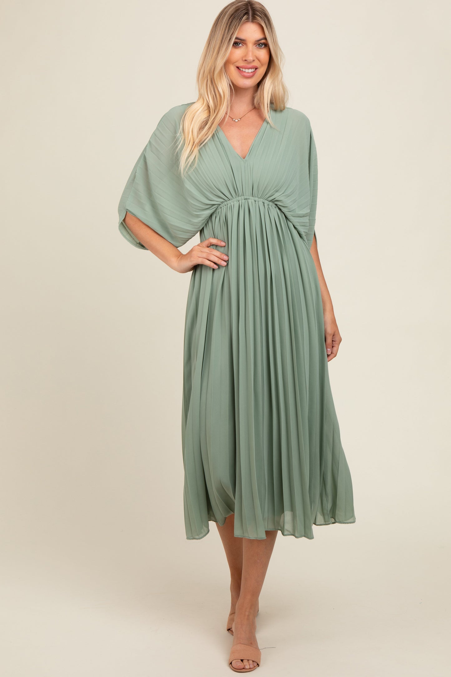PinkBlush Light Olive Pleated V Neck Maternity Maxi Dress