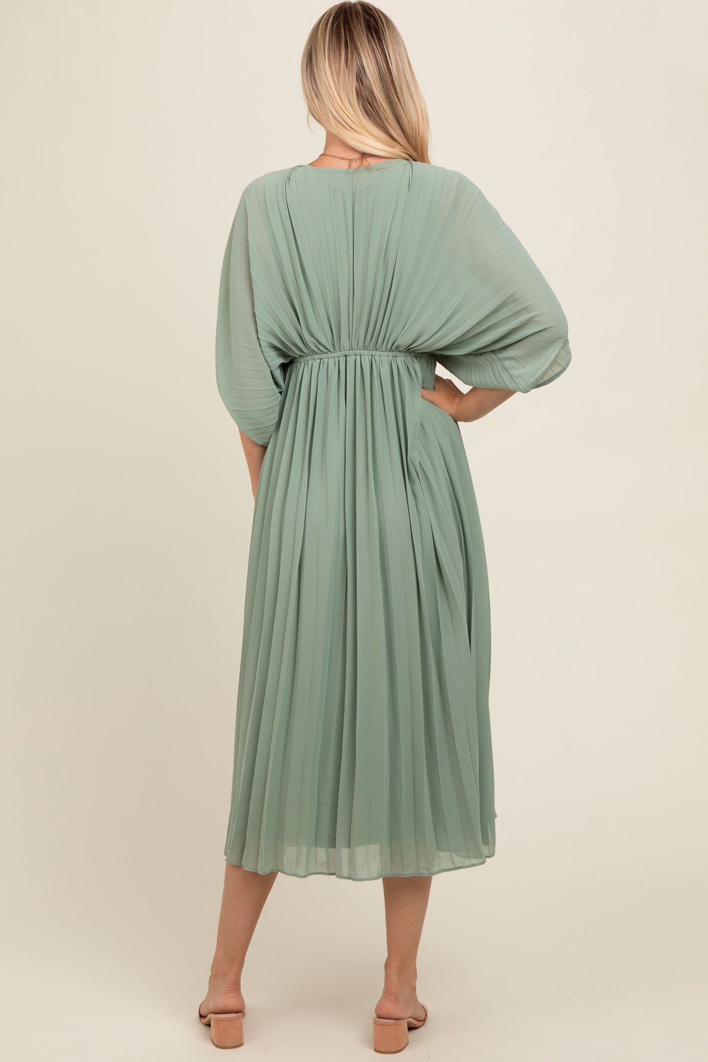PinkBlush Light Olive Pleated V Neck Maxi Dress