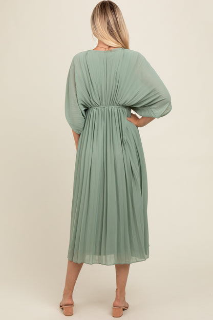 PinkBlush Light Olive Pleated V Neck Maxi Dress