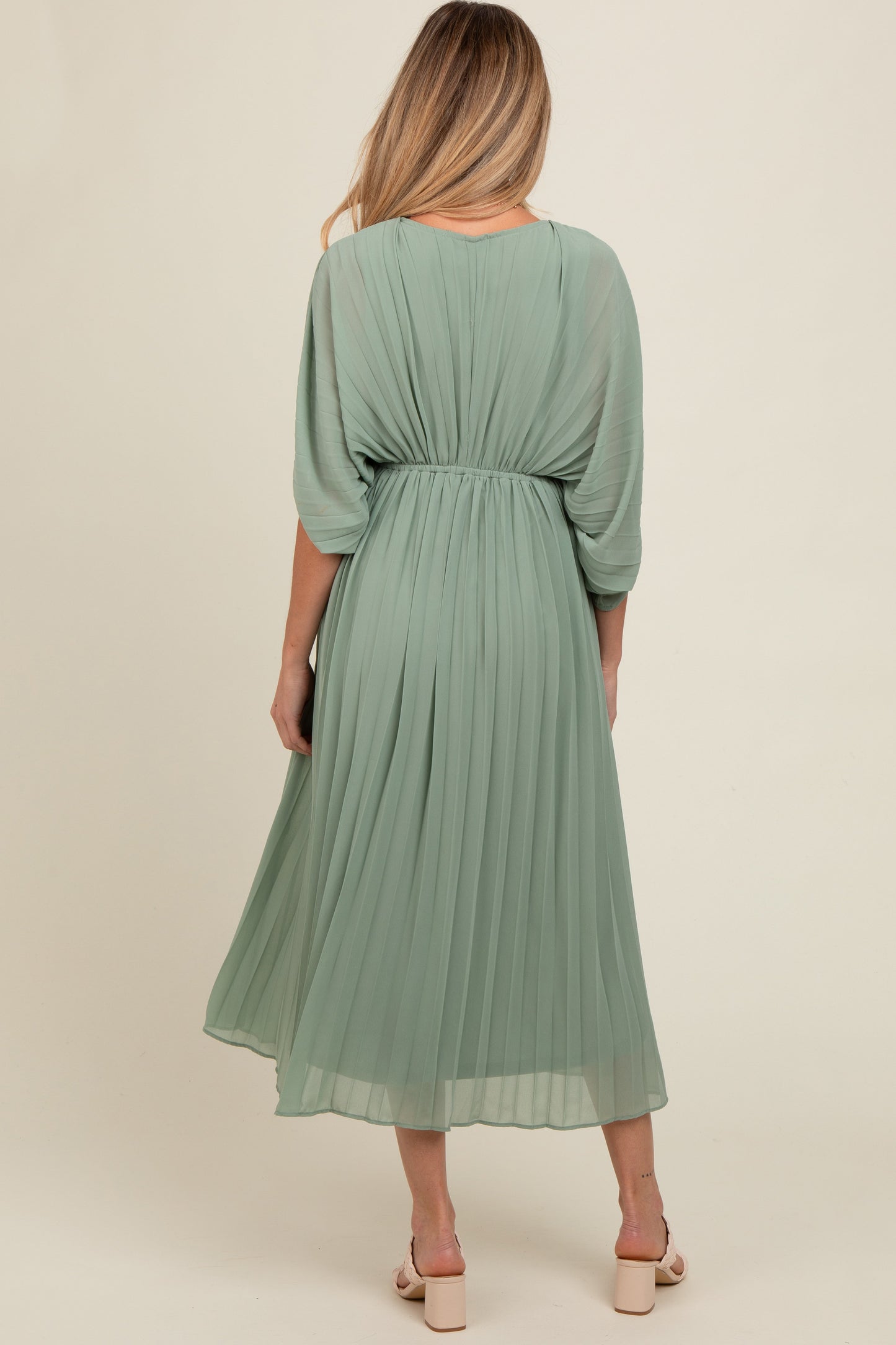 PinkBlush Light Olive Pleated V Neck Maternity Maxi Dress
