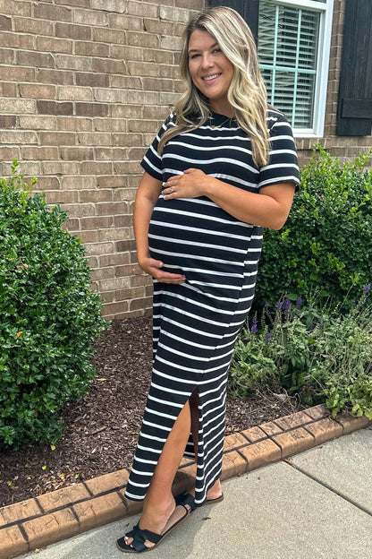 PinkBlush Black Striped Side Slit Maternity Maxi Dress
