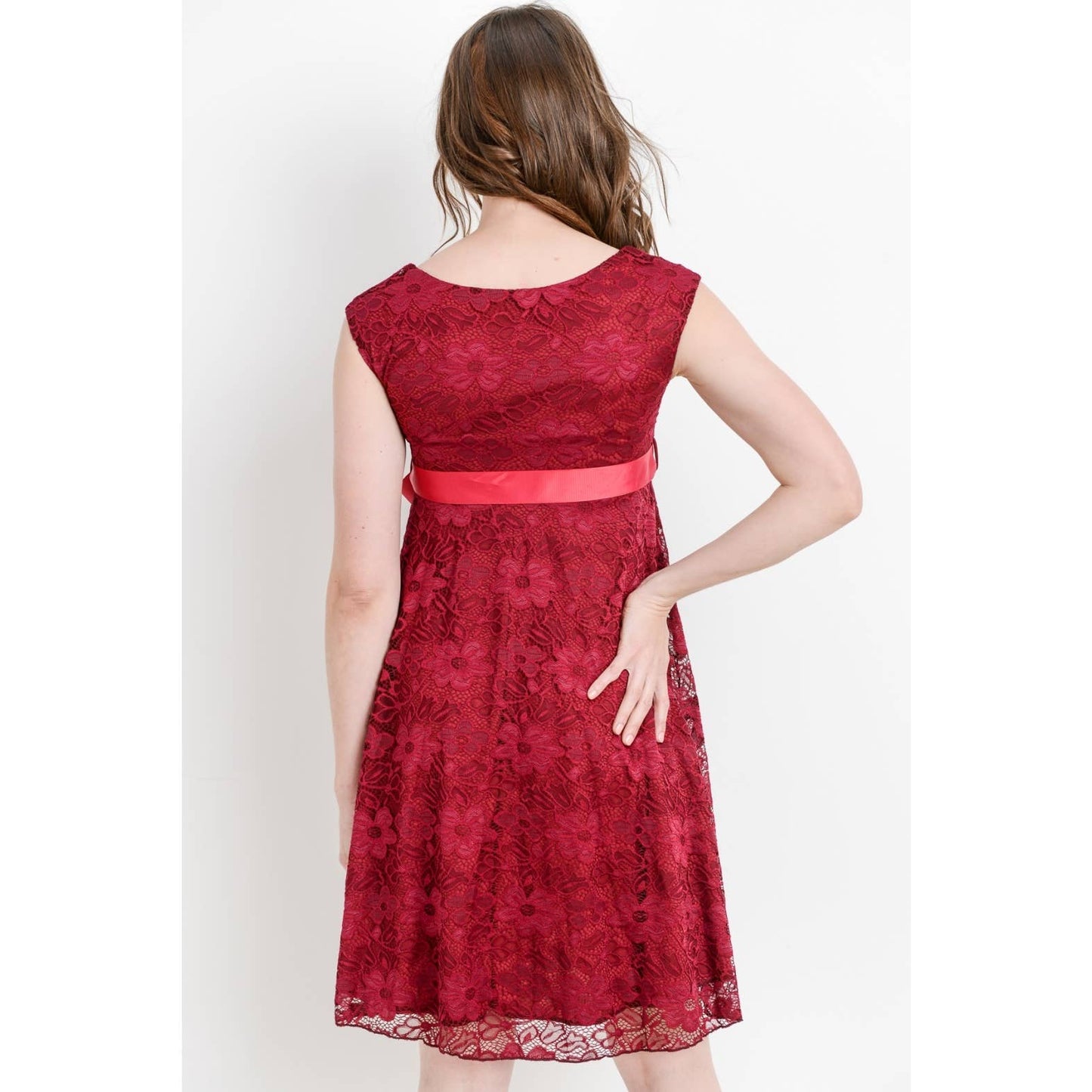Floral Lace Satin Waist Tie Maternity Dress