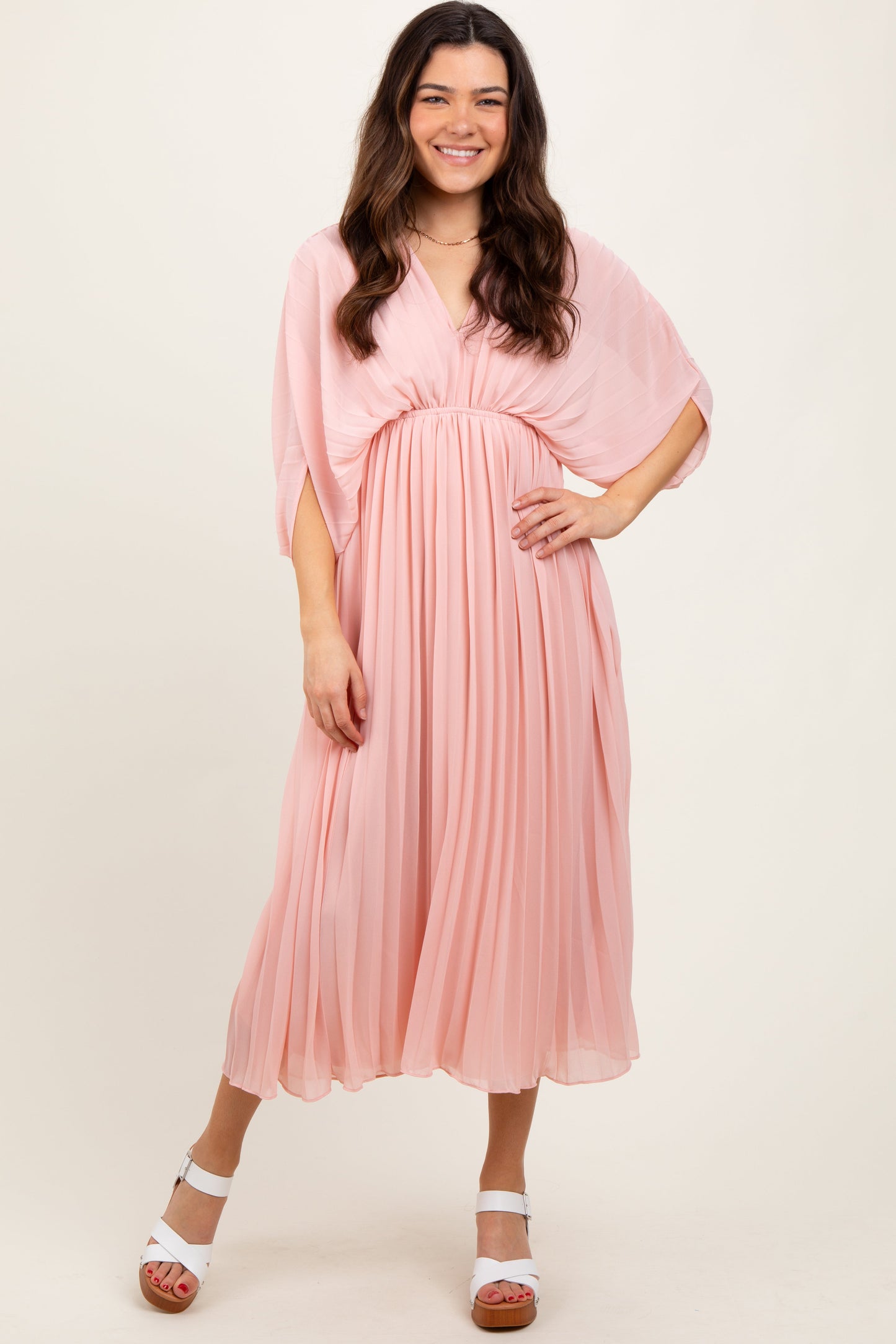PinkBlush Light Pink Pleated V Neck Maternity Maxi Dress