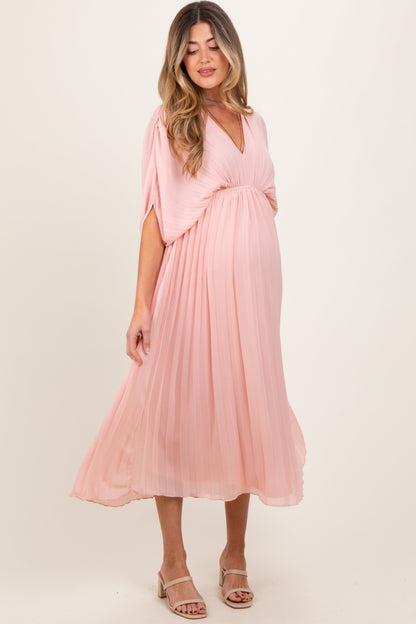 PinkBlush Light Pink Pleated V Neck Maternity Maxi Dress