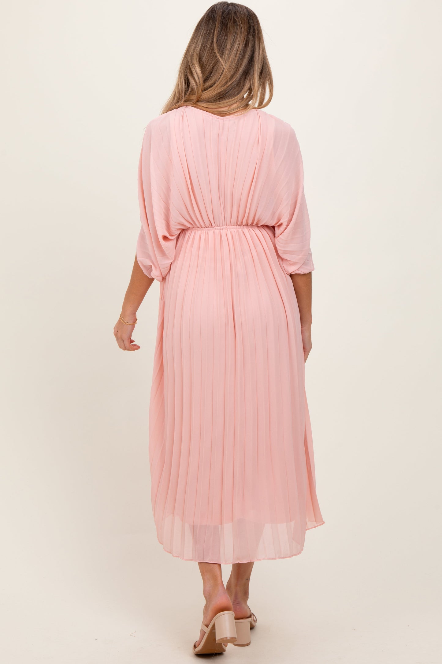 PinkBlush Light Pink Pleated V Neck Maternity Maxi Dress