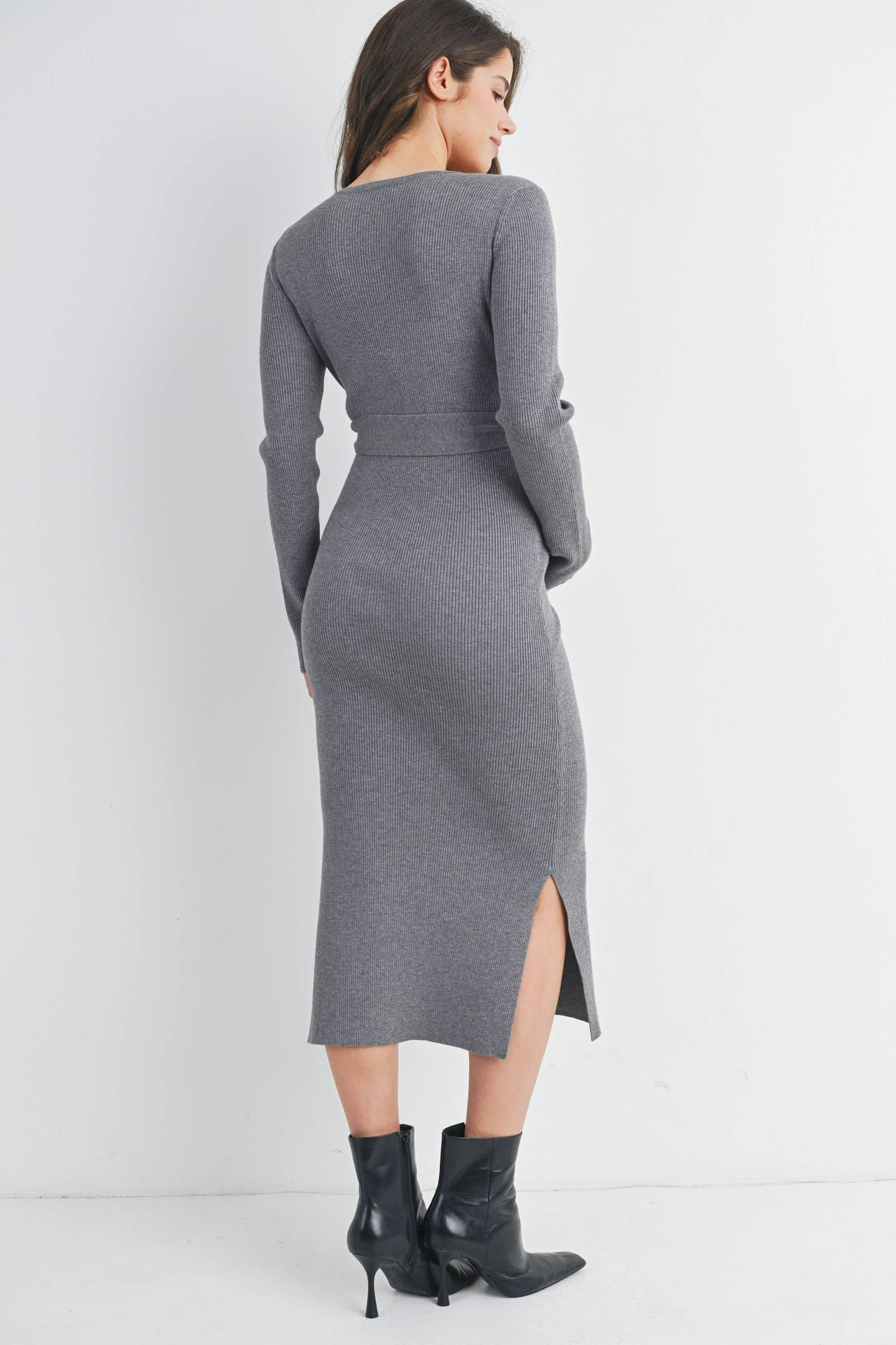 Ribbed Button Front Belted Maternity Midi Dress
