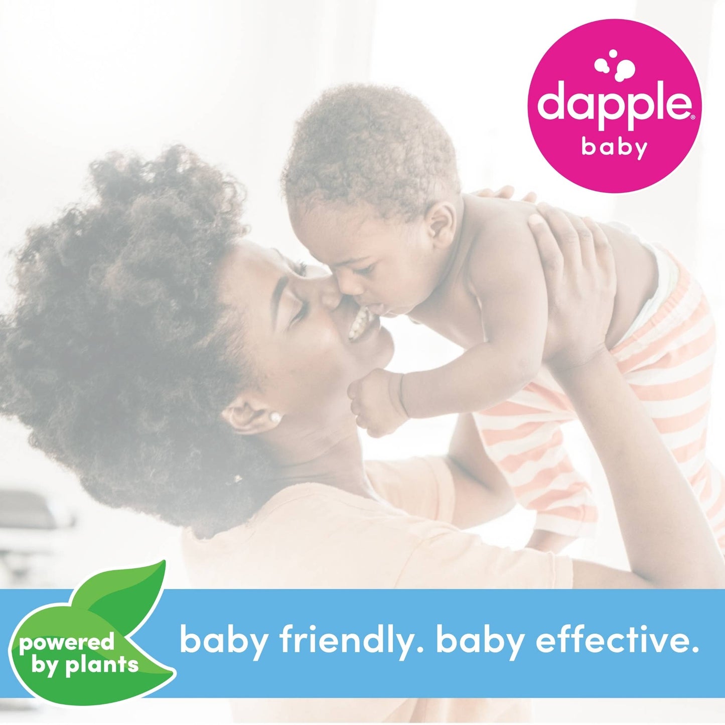Woman holding a baby with Dapple Baby branding and 'powered by plants' label.