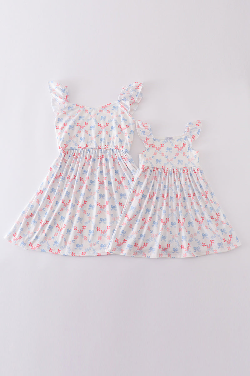 The Little Lemons Company Blue Bow Lattice Print Mom & Me Dress