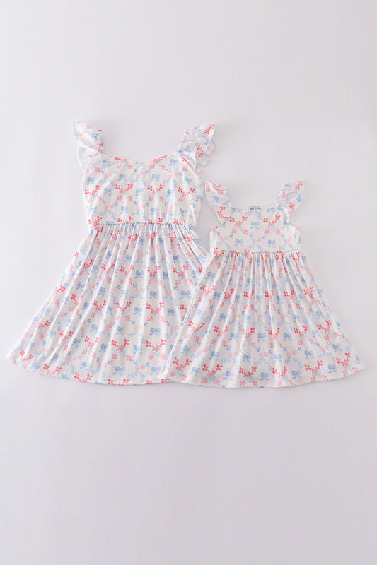 The Little Lemons Company Blue Bow Lattice Print Mom & Me Dress