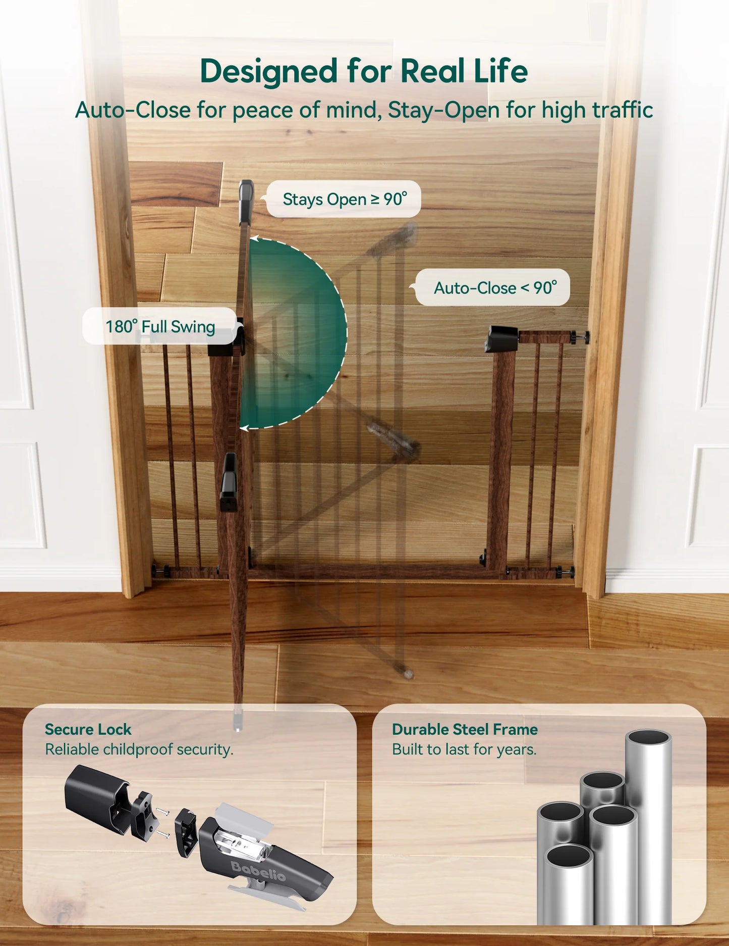 Babelio PressGuard C5&P7 Wood Pattern | Pressure-Mounted Baby Gate
