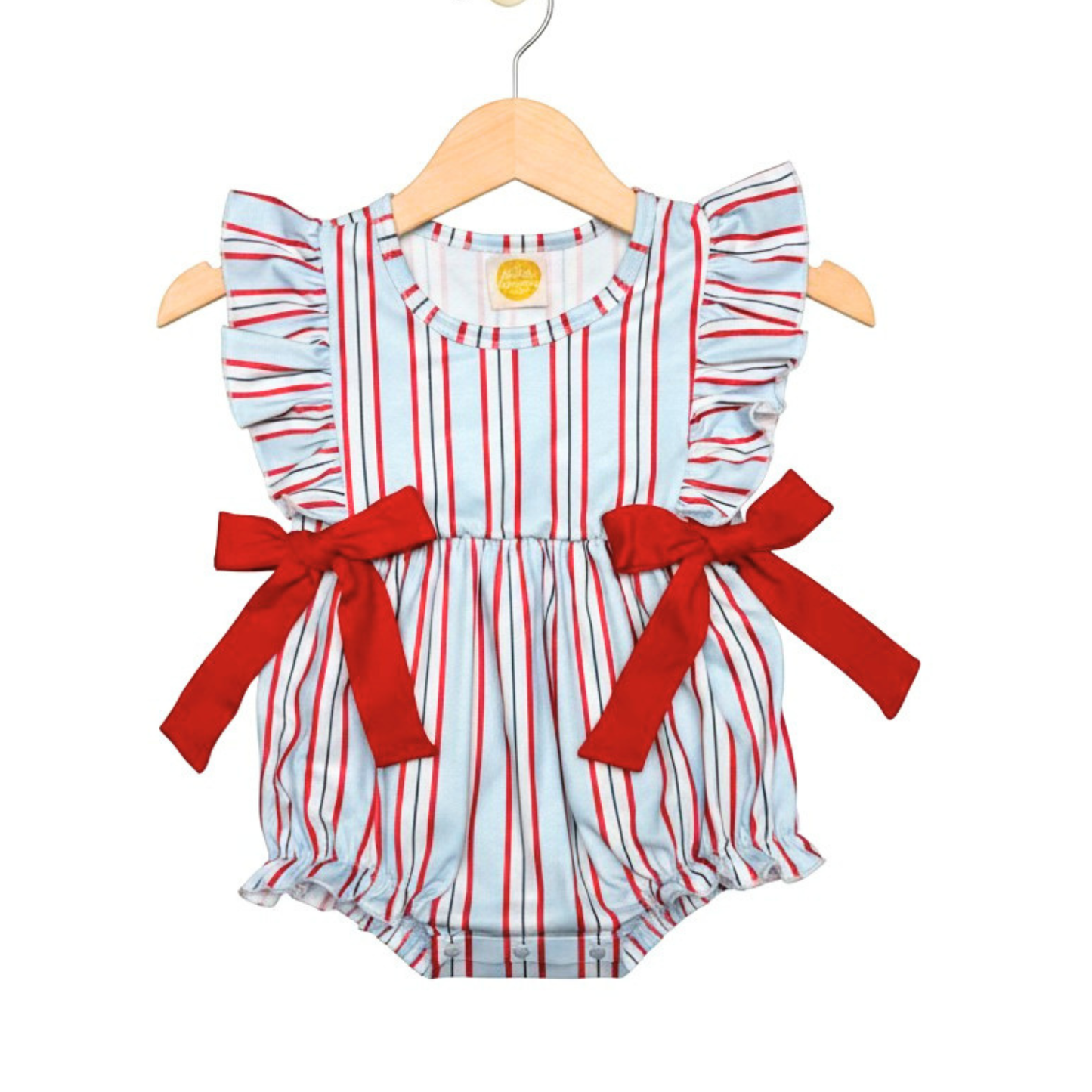 The Little Lemons Company Red, White, and Stripes Girl Bow Bubble Romper