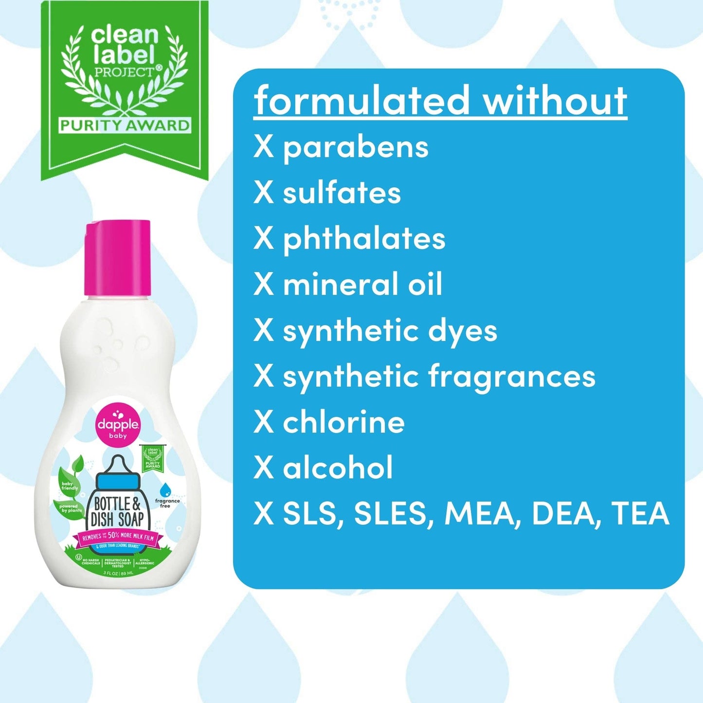 Dapple bottle & dish soap with clean label project purity award badge on a blue background with water droplets.
