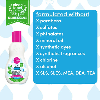 Dapple bottle & dish soap with clean label project purity award badge on a blue background with water droplets.