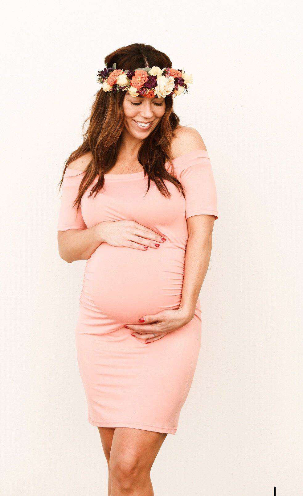 Peachy Pink Bump and Beyond Bardot Maternity Dress